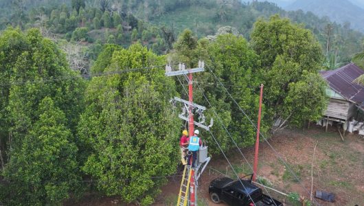 Petugas PLN tengah memasang jaringan listrik di Dusun Ula, Kecamatan Mare, Kabupaten Bone, Provinsi Sulawesi Selatan. Foto PLN