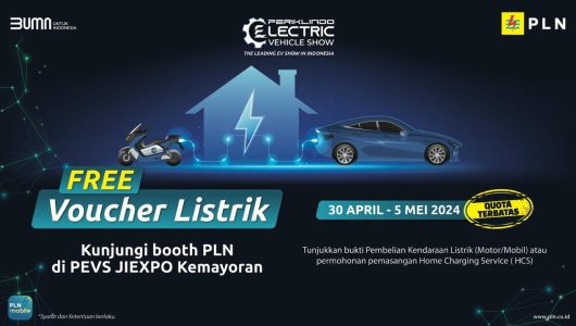 Voucher listrik sebesar Rp100 ribu berupa token listrik untuk pelanggan prabayar dan potongan Rp100 ribu untuk tagihan listrik bagi pelanggan pascabayar untuk pengunjung PEVS 2024 yang melakukan permohonan pemasangan Home Charging Service (HCS) di booth PLN atau pembelian kendaraan listrik. Foto PLN