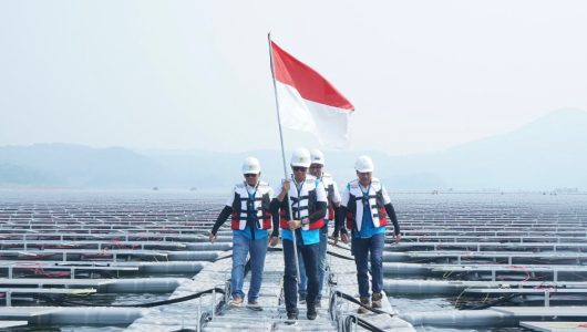 Jajaran PLN berjalan di antara panel surya untuk memasang bendera merah putih saat meninjau pembangkit listrik tenaga surya (PLTS) terapung Cirata di Purwakarta, Jawa Barat. Foto PLN