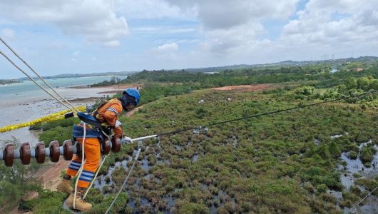 Petugas PLN tengah melakukan pemeliharaan jaringan transmisi Saluran Udara Tegangan Tinggi (SUTT) 150 kiloVolt (kV). Foto PLN